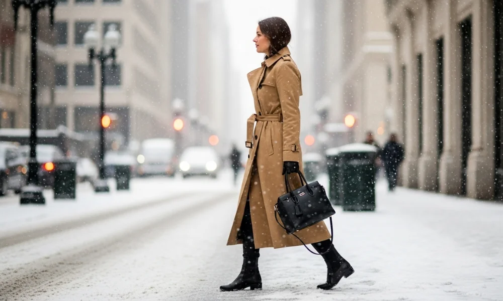 A woman in a tan trench coat and black boots crosses a snowy city street