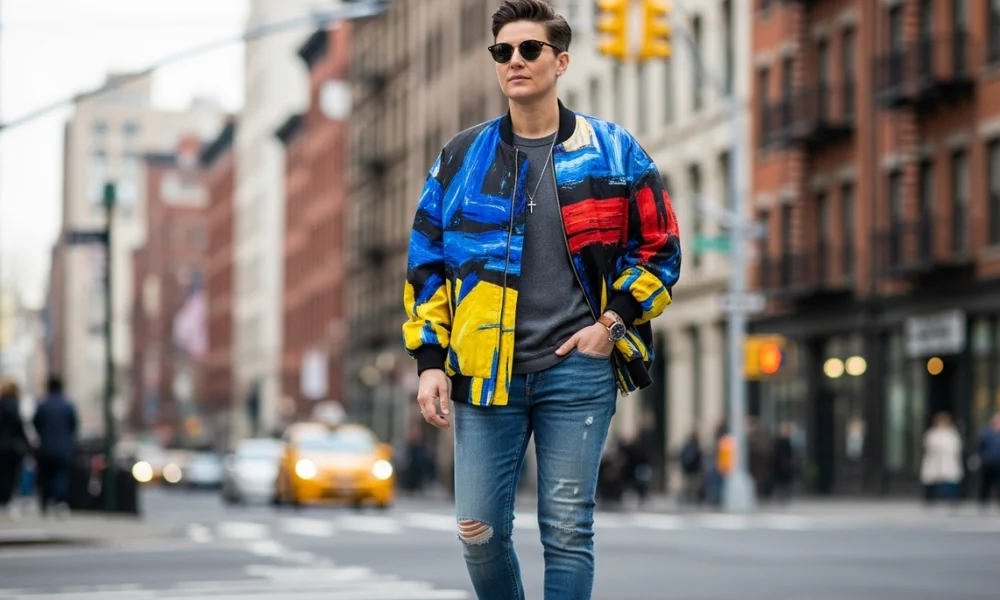 Bold street style in painted jacket