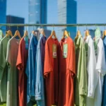 Clothes on a rack outdoors with carbon footprint tags attached