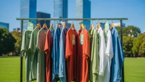 Clothes on a rack outdoors with carbon footprint tags attached
