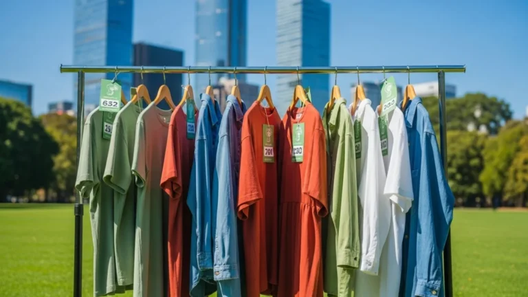 Clothes on a rack outdoors with carbon footprint tags attached