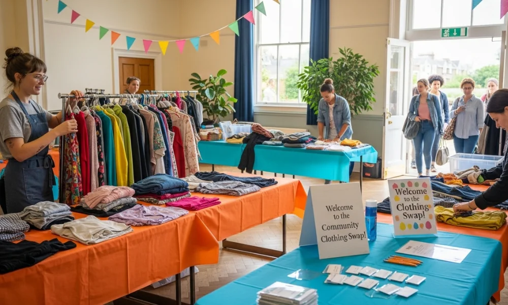 Community clothing swap with tables of folded clothes