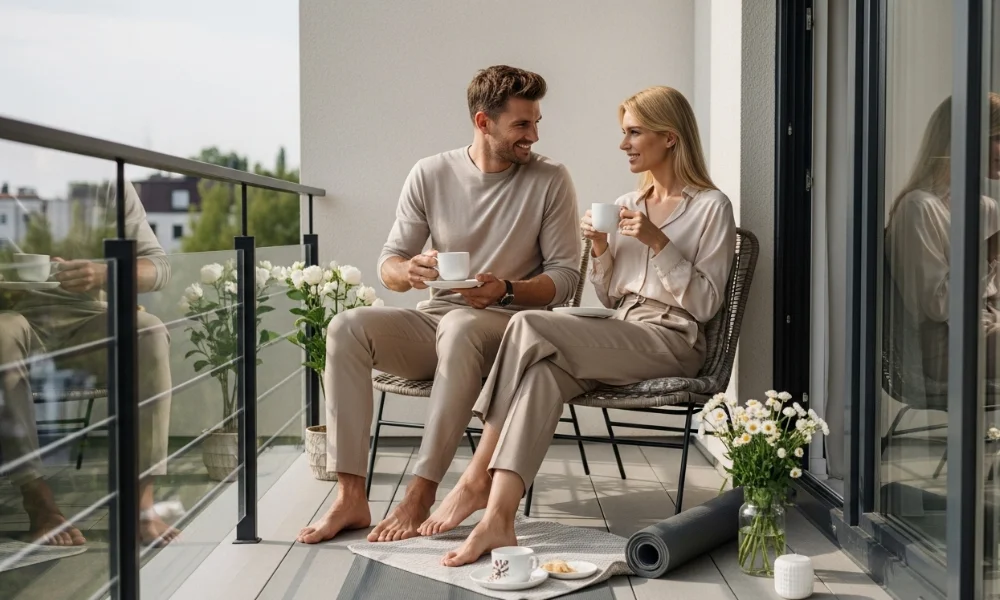 Couple enjoying coffee on a balcony