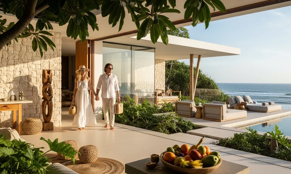 Couple in white at luxury beach villa