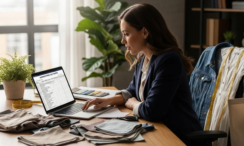 Designer analyzing fabric samples on laptop
