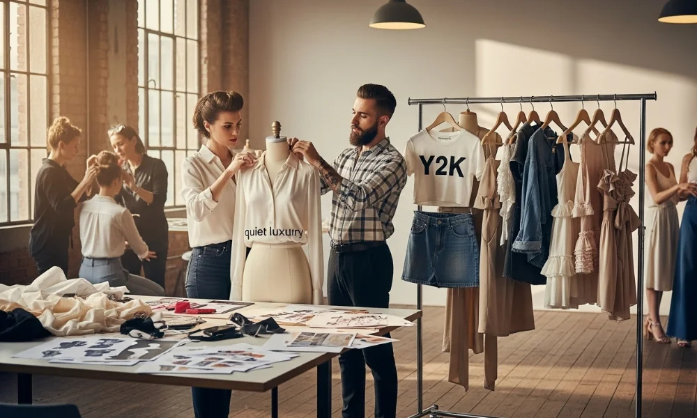 Designers styling mannequin and planning fashion collection in studio