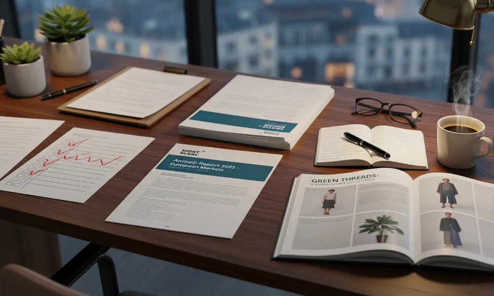 Desk with reports, sustainability fashion magazine,