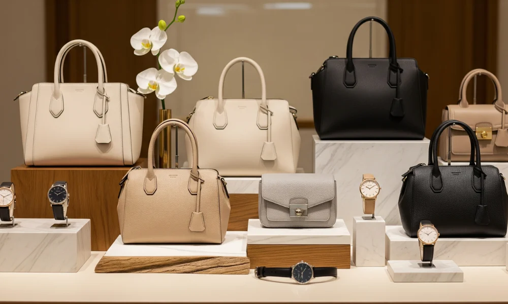 Display of luxury handbags and elegant wristwatches in a high-end boutique
