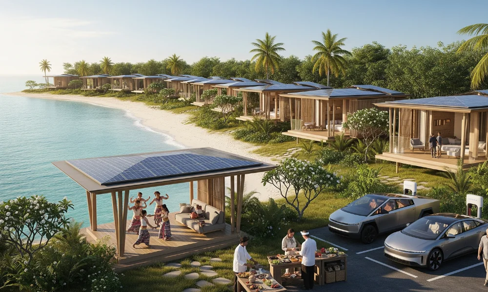 Eco-luxury beachfront villas with solar panels, electric cars, and cultural activities representing sustainable premium travel