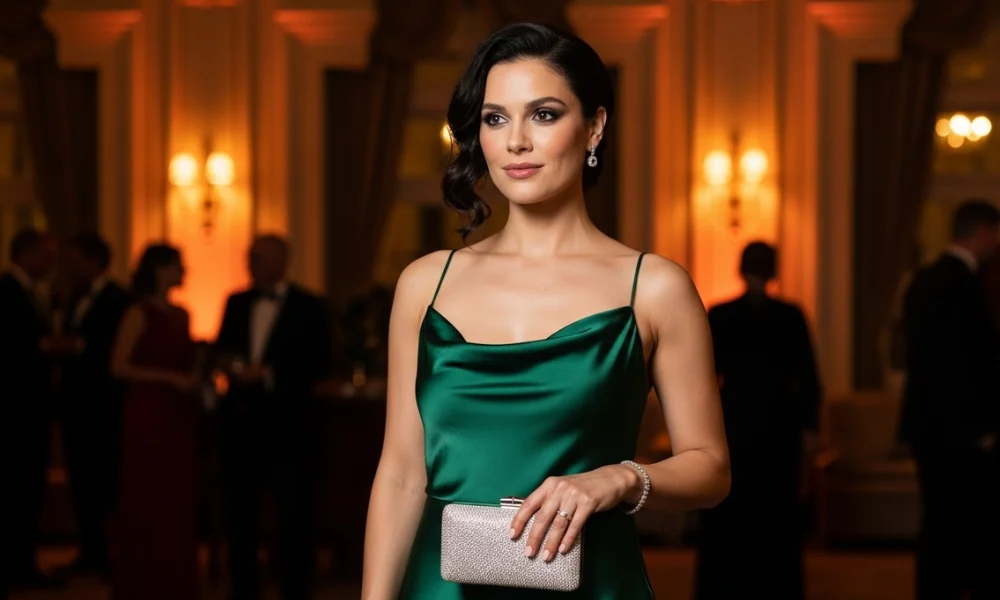 Elegant woman styling luxury brands at formal event