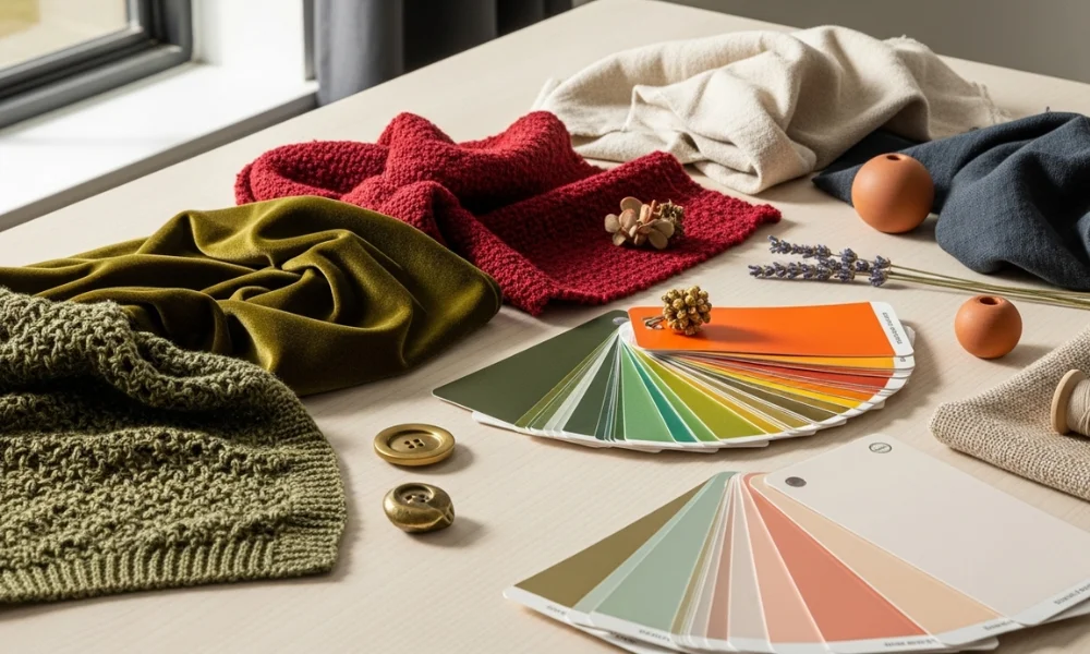 Fabric swatches, color palette cards, and sewing accessories on a table showcasing sustainable materials
