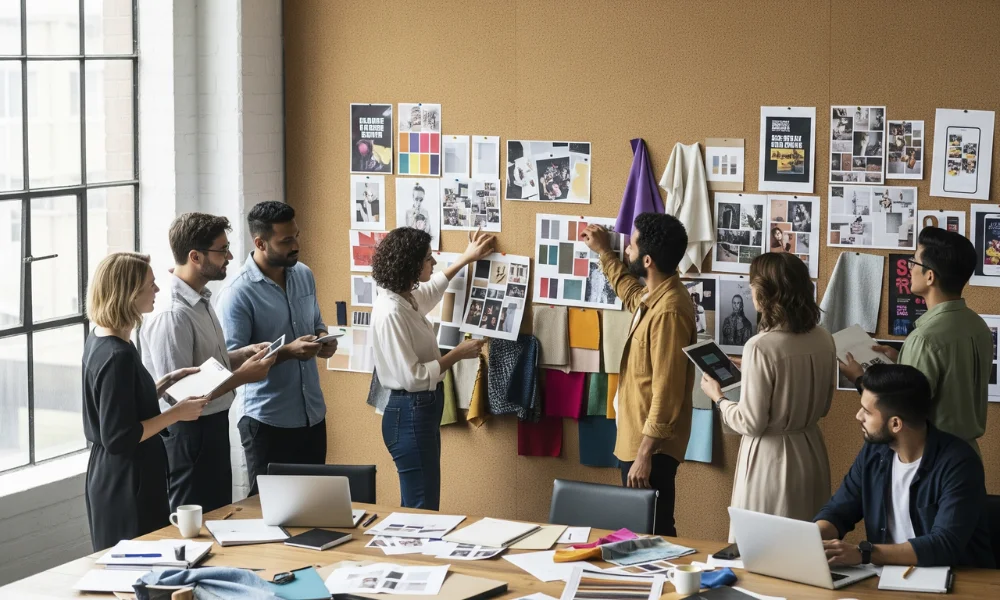 Fashion brand design and marketing team collaborating on mood boards and fabric samples in a creative office