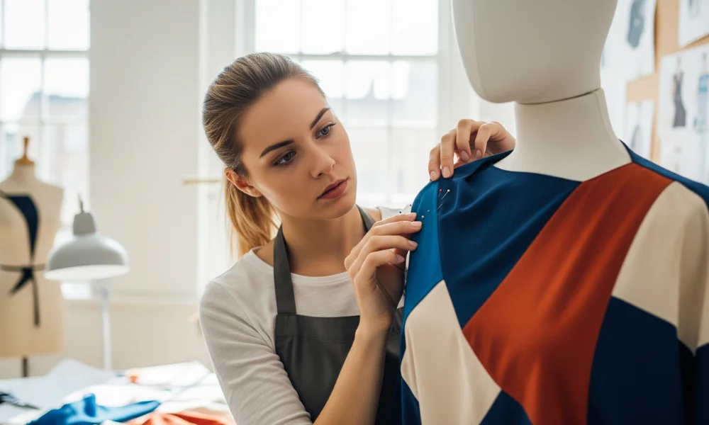 Fashion designer carefully pinning fabric on a mannequin while creating a new garment in a bright studio