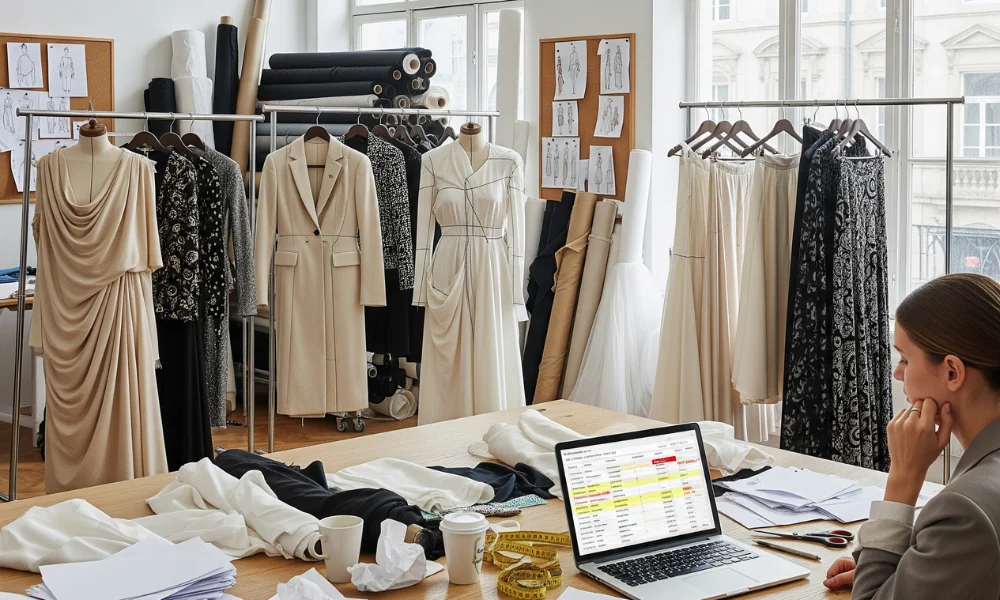 Fashion designer working on a laptop in a studio surrounded by sketches, fabrics,