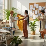 Fashion designers collaborating in a bright studio with fabric rolls, sketches, and garments, highlighting sustainable fashion trends.