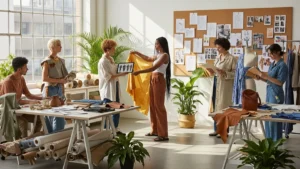 Fashion designers collaborating in a bright studio with fabric rolls, sketches, and garments, highlighting sustainable fashion trends.