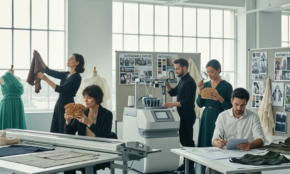 Fashion designers working with sustainable materials and innovative textiles in a bright studio