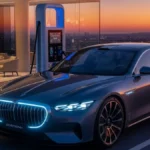 Futuristic electric luxury car charging at a sleek ultra-fast station in 2025