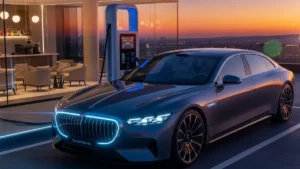 Futuristic electric luxury car charging at a sleek ultra-fast station in 2025