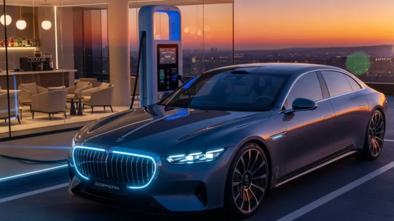 Futuristic electric luxury car charging at a sleek ultra-fast station in 2025