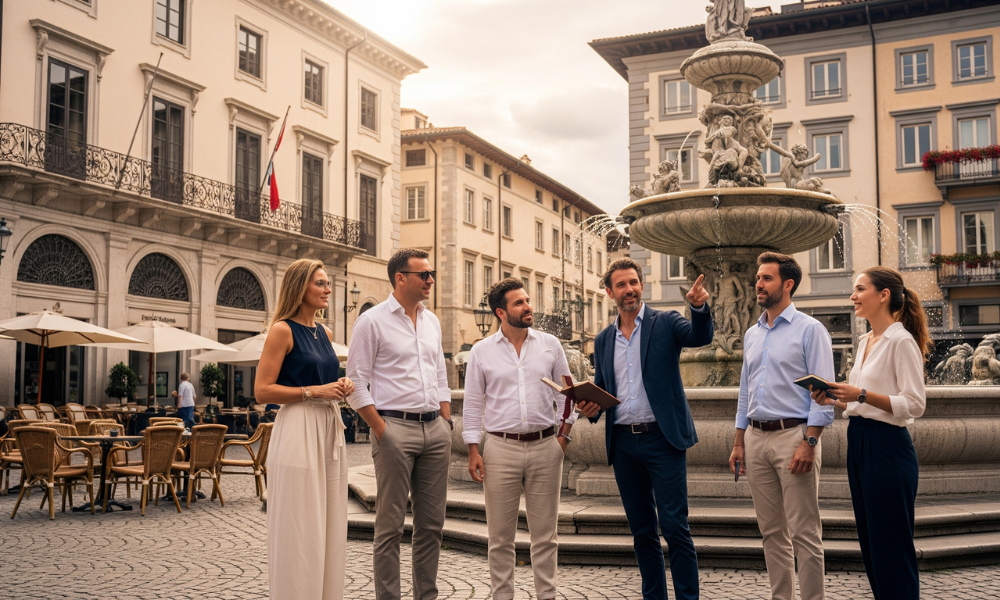 Group of premium travelers enjoying a private guided tour around a historic European fountain in 2025