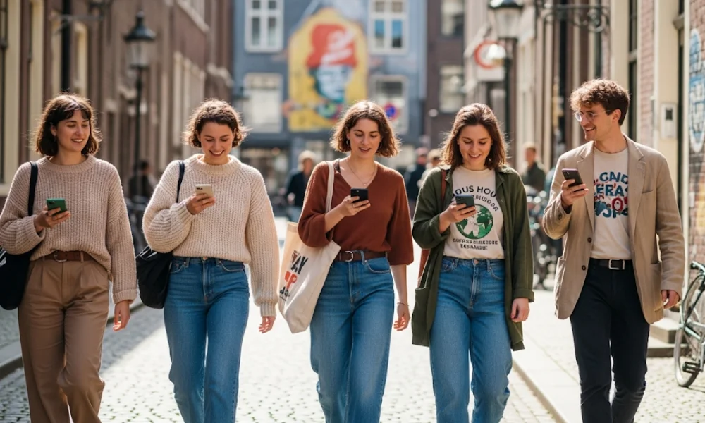 Group of young adults walking through a trendy city district associated with emerging designer brands