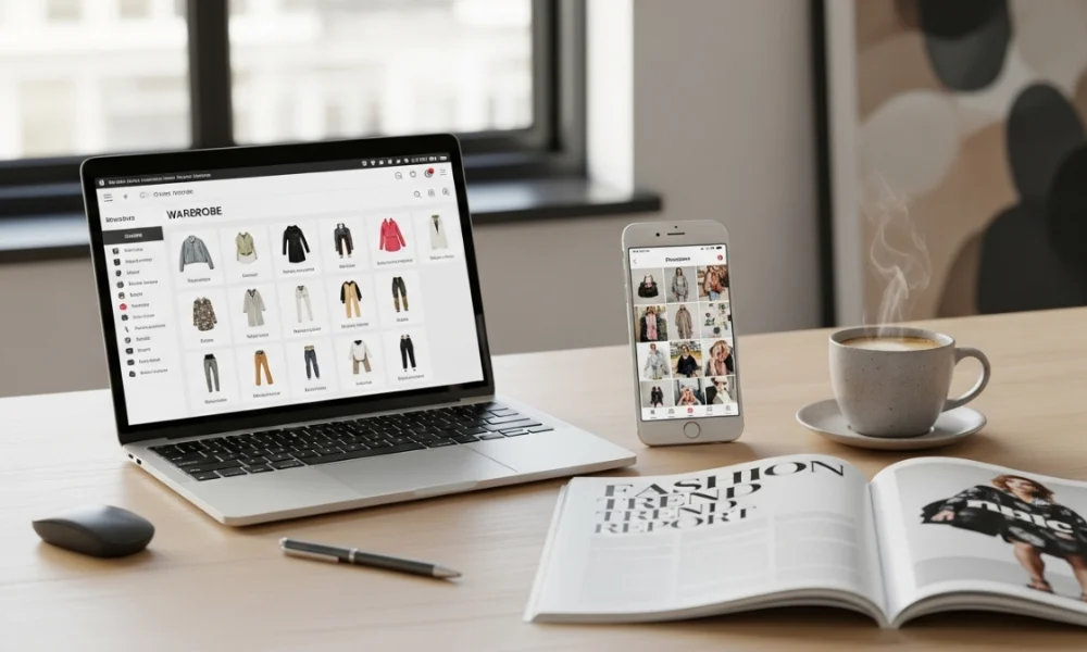 Laptop and smartphone displaying digital wardrobe app