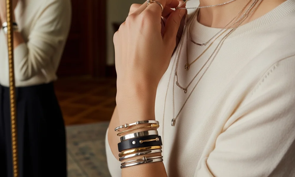 A person wearing multiple silver and gold bangles on the wrist