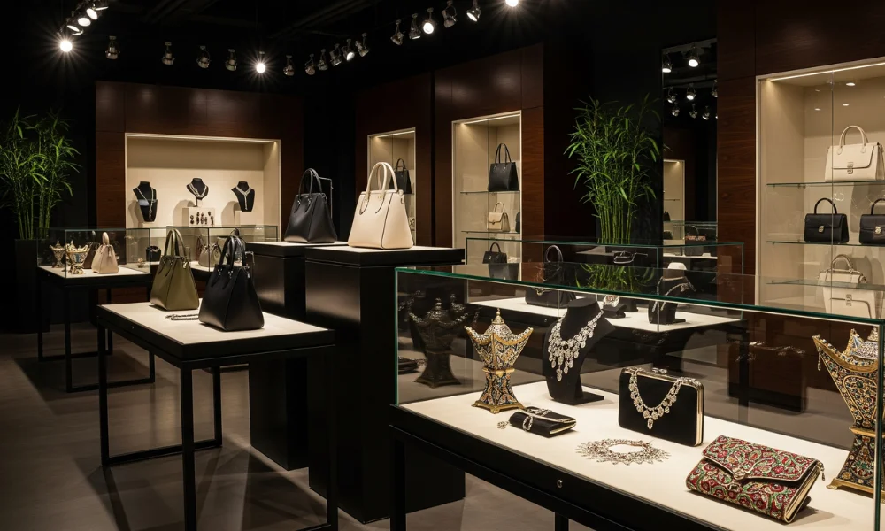 Luxury boutique displaying designer handbags, jewelry, and accessories in glass showcases