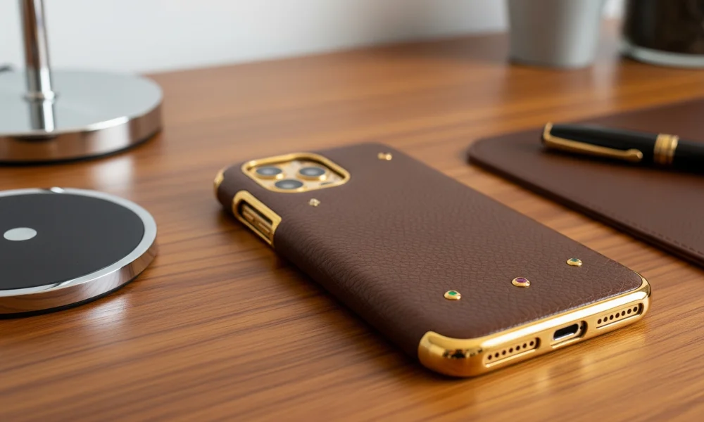 Luxury smartphone with brown leather and gold case on a wooden desk next to a wireless charger and pen