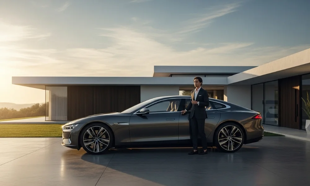 Man in suit beside sleek luxury car