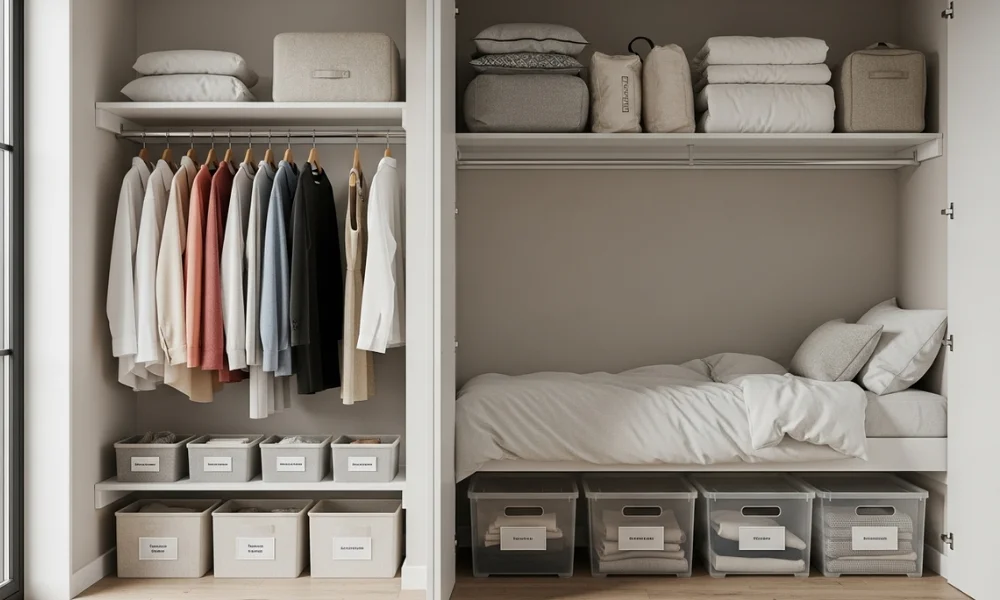 Minimal closet with labeled bins and neatly arranged clothes
