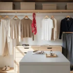 Minimalist capsule wardrobe with neutral clothing and accessories.