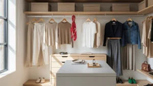 Minimalist capsule wardrobe with neutral clothing and accessories.