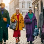 Models in bold oversized coats showcasing vibrant fall-winter fashion trends on a snowy city street.