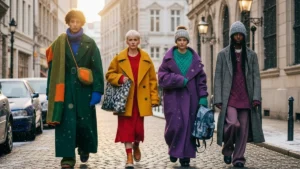 Models in bold oversized coats showcasing vibrant fall-winter fashion trends on a snowy city street.
