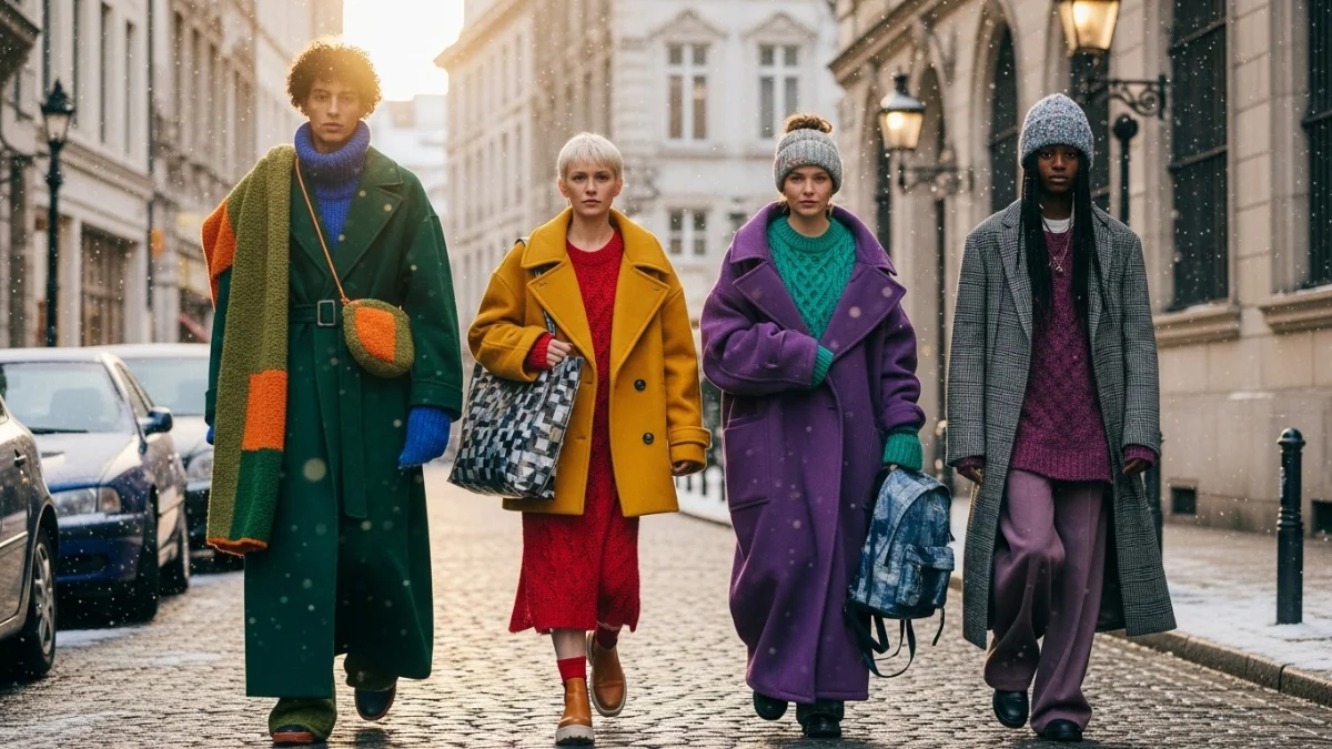 Models in bold oversized coats showcasing vibrant fall-winter fashion trends on a snowy city street.