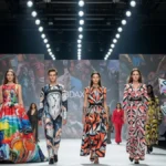 Models walking runway in art-inspired fashion.