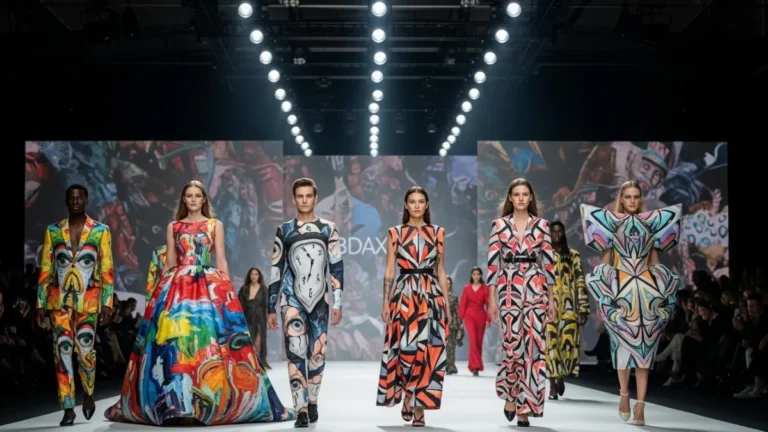 Models walking runway in art-inspired fashion.