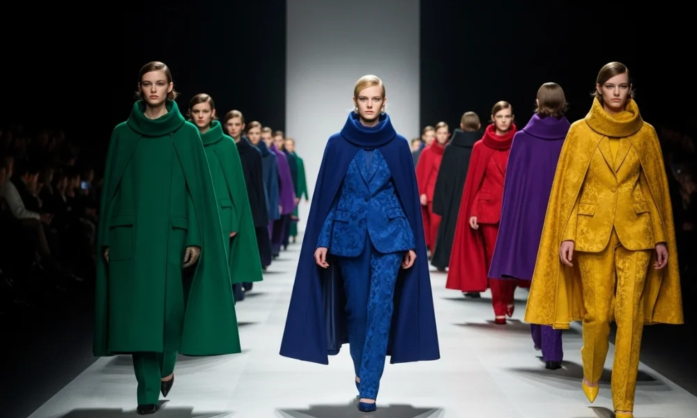 Models walking the runway in bold monochrome capes and suits in green, blue, and yellow during a high-fashion show