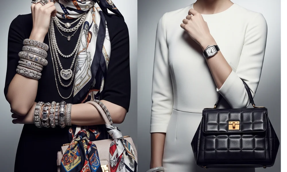 Two fashionable women are shown from the neck down. The left wears a black dress with layered jewelry and a scarf-how to style luxury accessories
