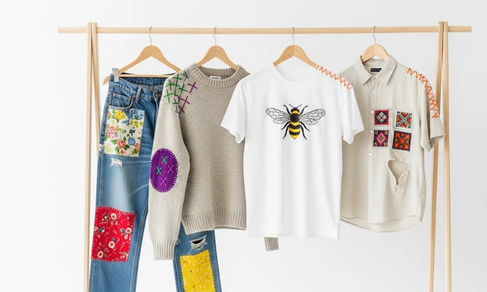 Patched and embroidered clothes on hangers