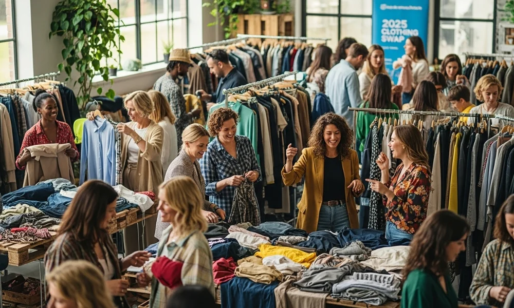 People browsing clothes at a fashion swap event
