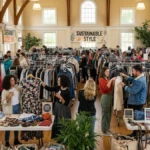 People exchanging clothes at a sustainable fashion swap event.