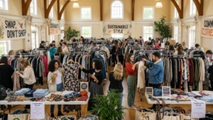 People exchanging clothes at a sustainable fashion swap event.
