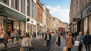 Popular clothing brands UK shoppers walking past Marks & Spencer, Zara and Next stores