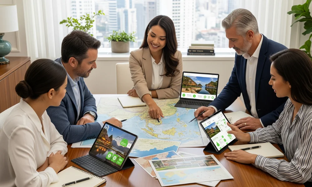 Pravi Celer travel planners collaborating with clients on a map and digital devices to design bespoke sustainable premium travel itineraries
