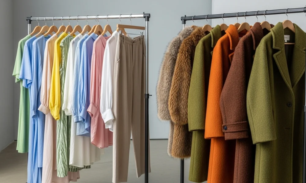 Racks with pastel spring outfits and warm autumn coats