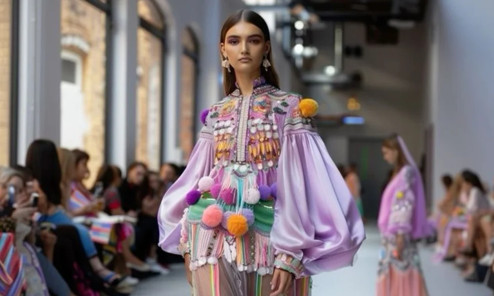 Model walking on a runway in a brightly lit room, wearing a colorful-designer brands 2025