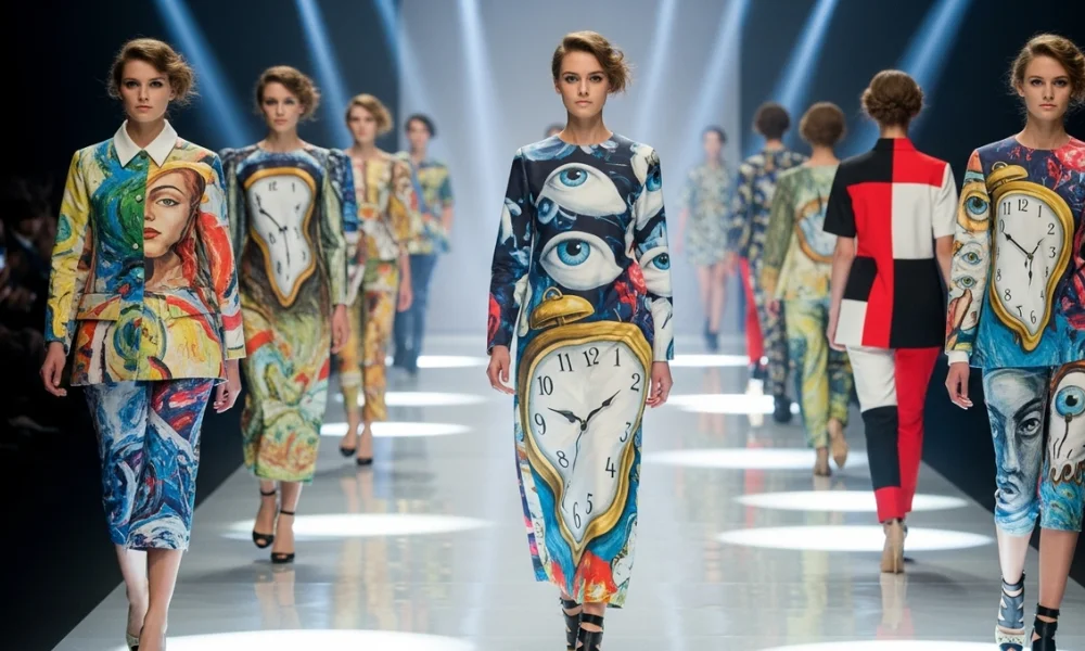 Runway models in surreal art outfits